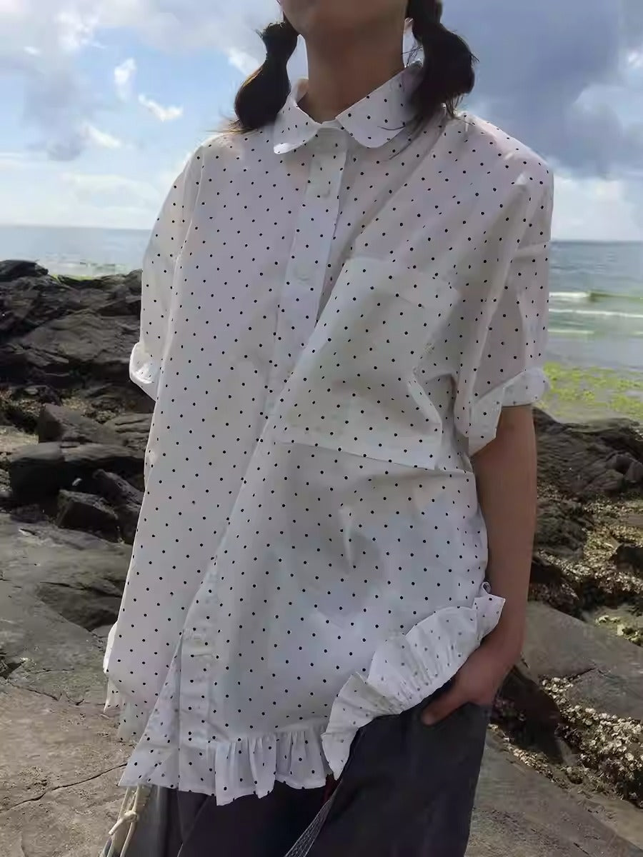 3months | Korean Ruffle Polka Dot Loose Fit Summer Design Shirt [ID:]