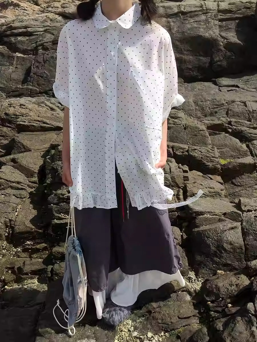 3months | Korean Ruffle Polka Dot Loose Fit Summer Design Shirt [ID:]
