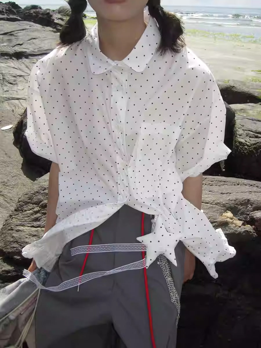 3months | Korean Ruffle Polka Dot Loose Fit Summer Design Shirt [ID:]