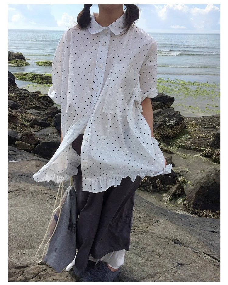 3months | Korean Ruffle Polka Dot Loose Fit Summer Design Shirt [ID:]