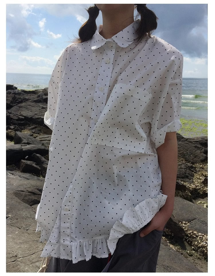 3months | Korean Ruffle Polka Dot Loose Fit Summer Design Shirt [ID:]