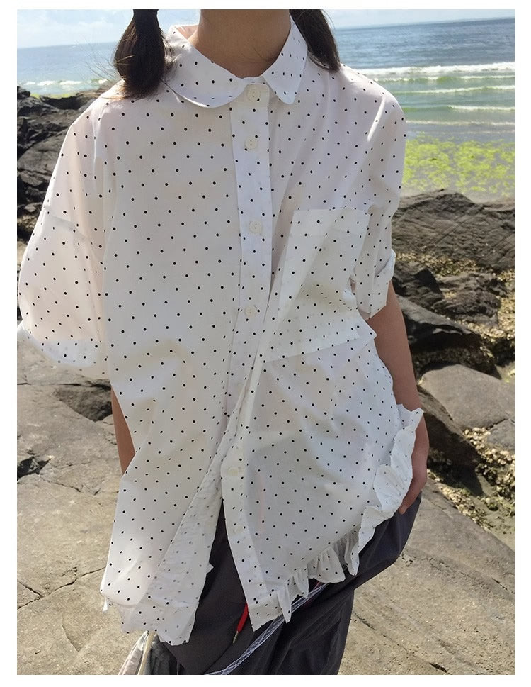 3months | Korean Ruffle Polka Dot Loose Fit Summer Design Shirt [ID:]