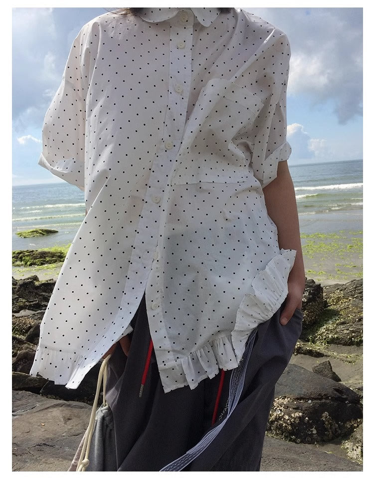3months | Korean Ruffle Polka Dot Loose Fit Summer Design Shirt [ID:]