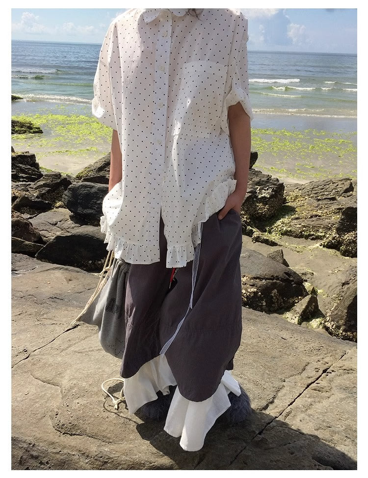 3months | Korean Ruffle Polka Dot Loose Fit Summer Design Shirt [ID:]