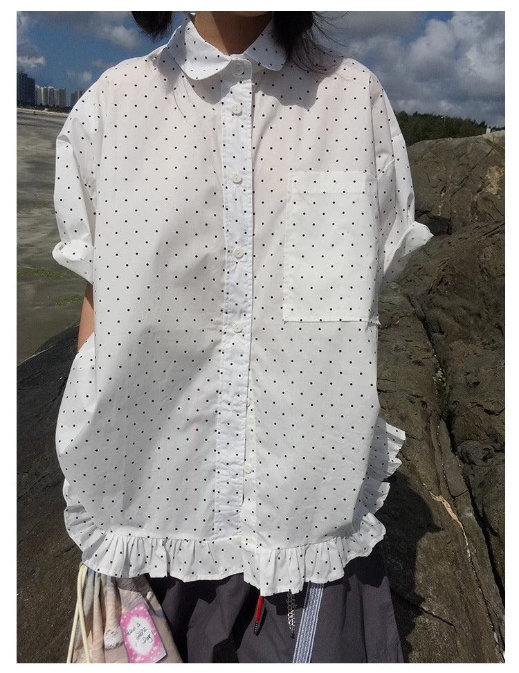 3months | Korean Ruffle Polka Dot Loose Fit Summer Design Shirt [ID:]