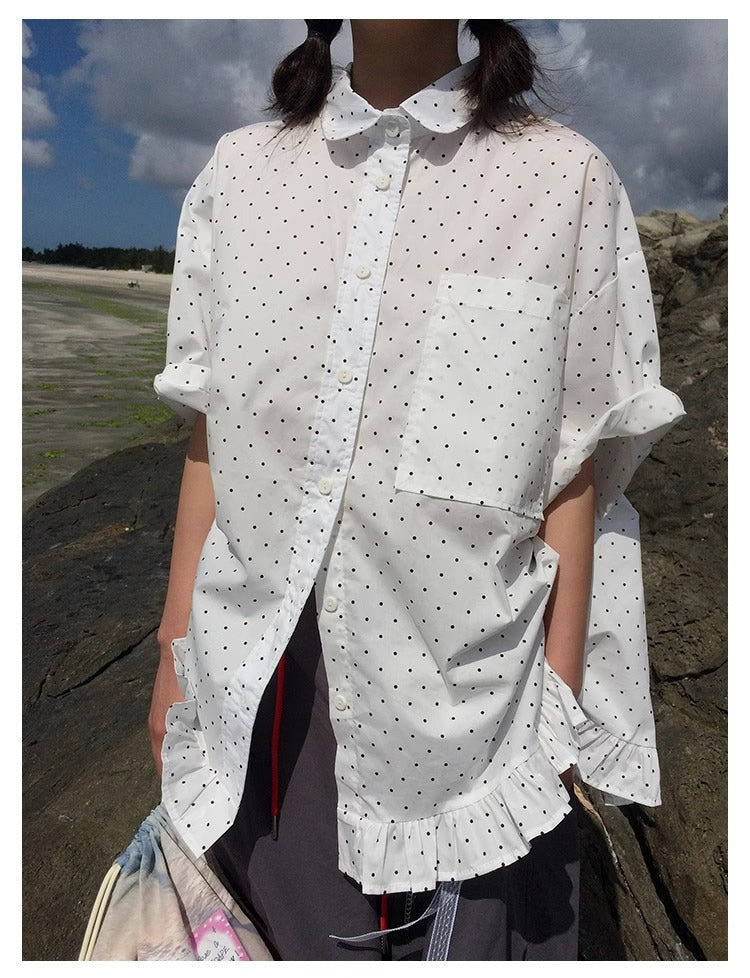 3months | Korean Ruffle Polka Dot Loose Fit Summer Design Shirt [ID:]