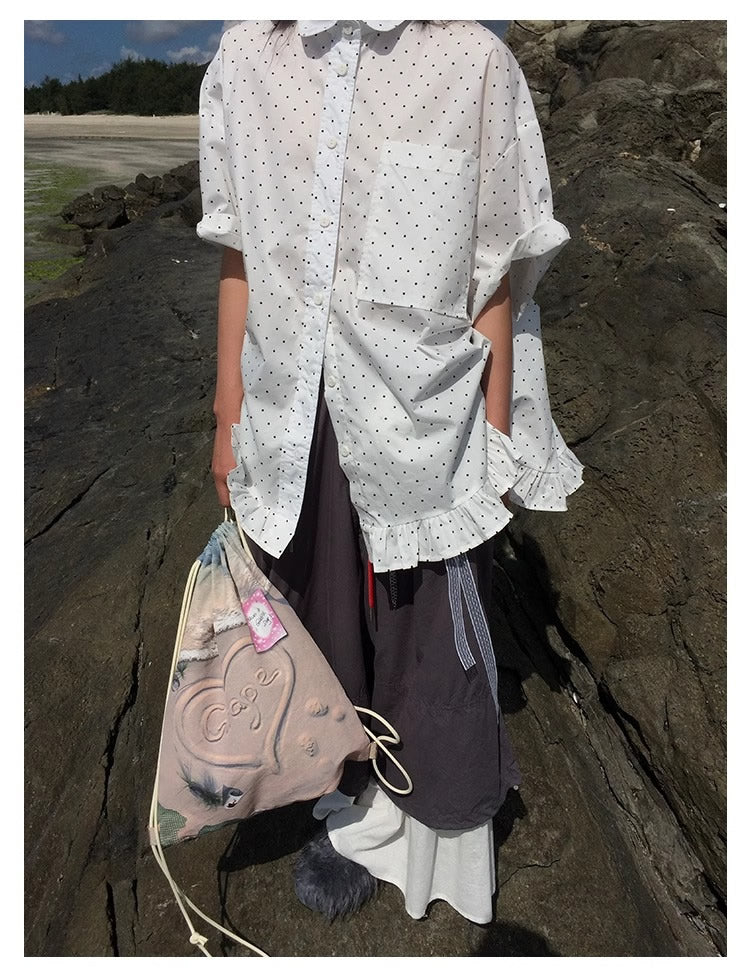 3months | Korean Ruffle Polka Dot Loose Fit Summer Design Shirt [ID:]