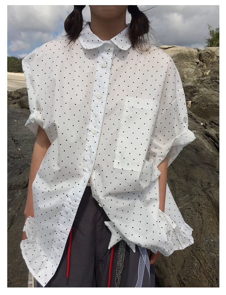 3months | Korean Ruffle Polka Dot Loose Fit Summer Design Shirt [ID:]