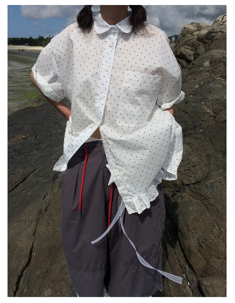 3months | Korean Ruffle Polka Dot Loose Fit Summer Design Shirt [ID:]