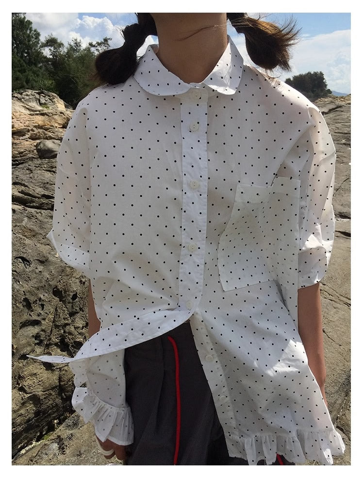 3months | Korean Ruffle Polka Dot Loose Fit Summer Design Shirt [ID:]