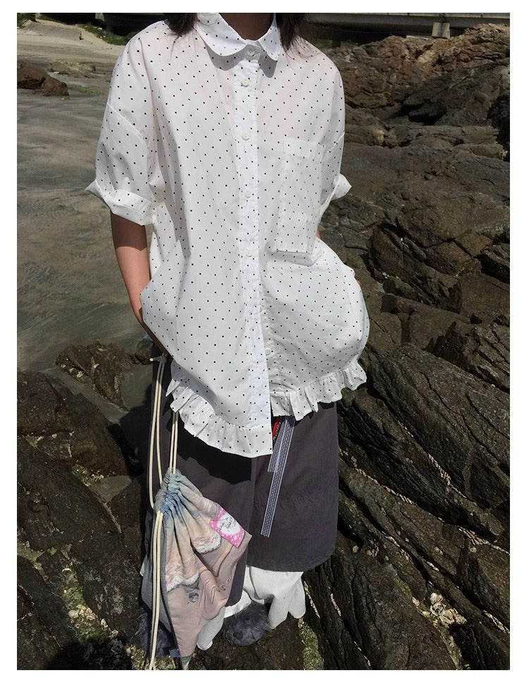 3months | Korean Ruffle Polka Dot Loose Fit Summer Design Shirt [ID:]