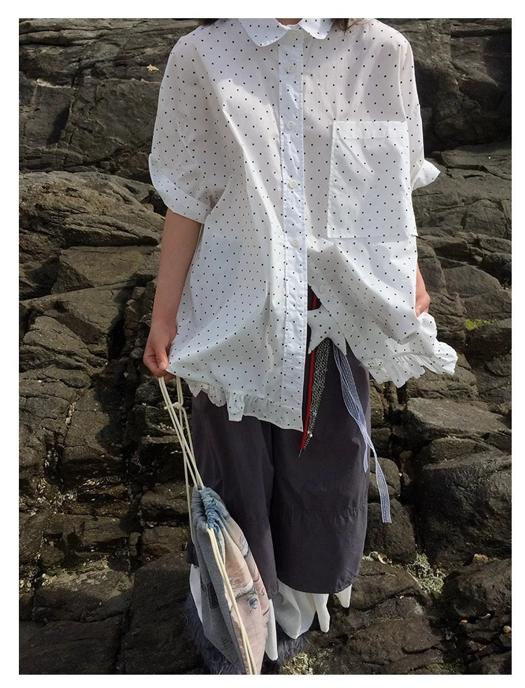 3months | Korean Ruffle Polka Dot Loose Fit Summer Design Shirt [ID:]