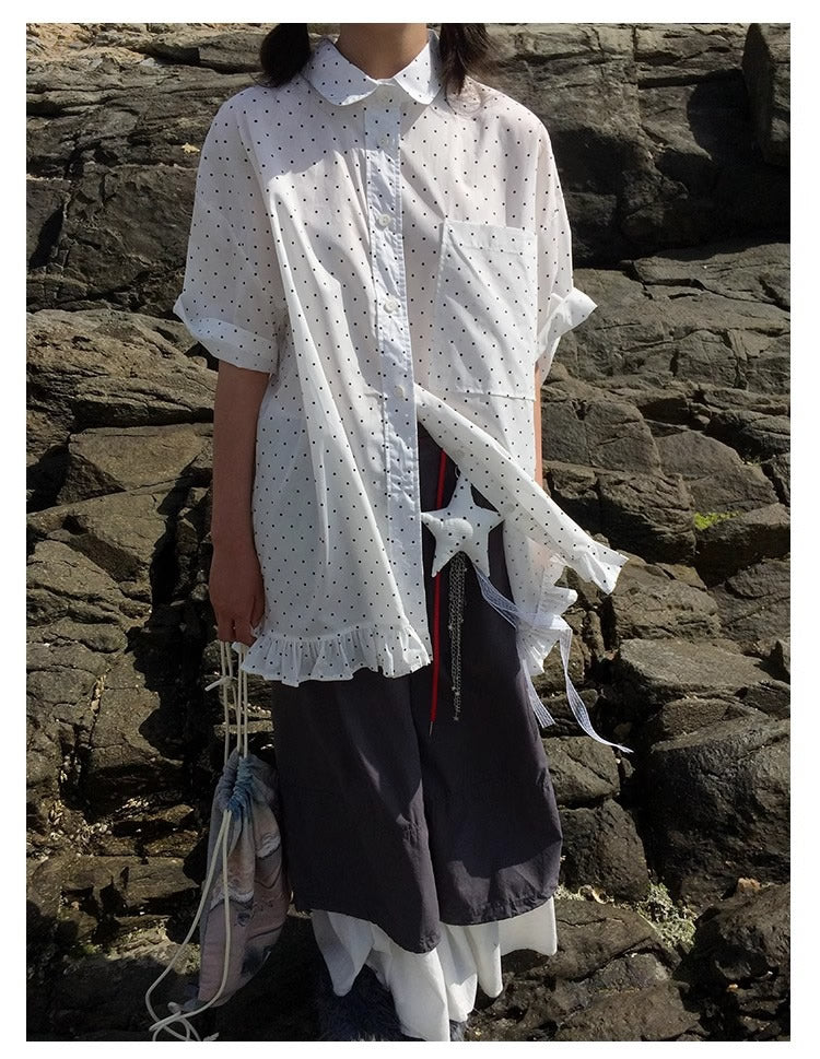 3months | Korean Ruffle Polka Dot Loose Fit Summer Design Shirt [ID:]