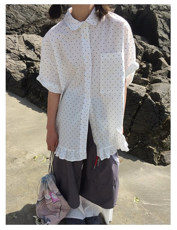 3months | Korean Ruffle Polka Dot Loose Fit Summer Design Shirt [ID:]