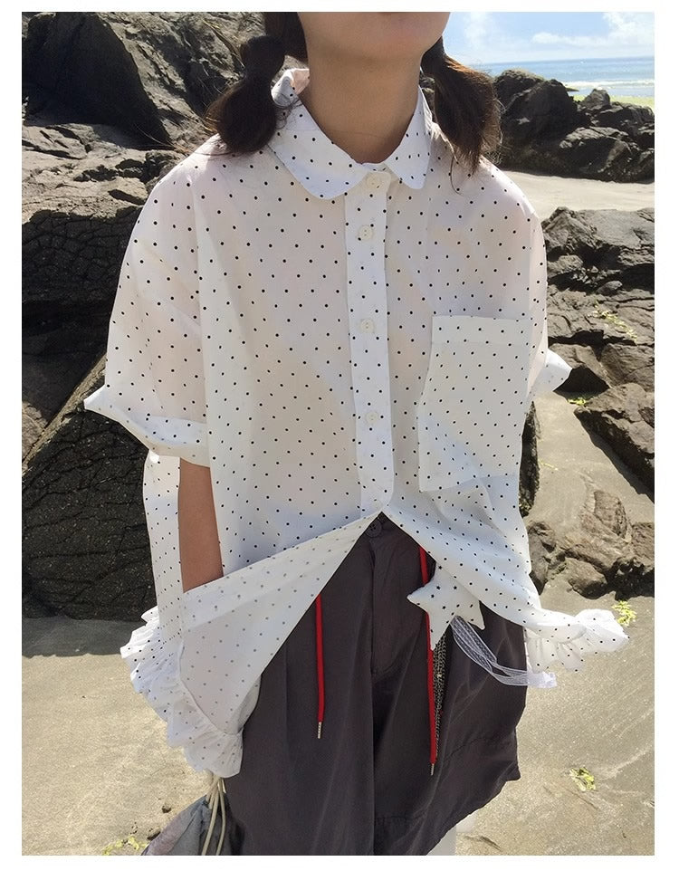 3months | Korean Ruffle Polka Dot Loose Fit Summer Design Shirt [ID:]