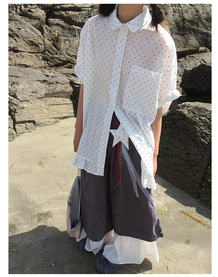 3months | Korean Ruffle Polka Dot Loose Fit Summer Design Shirt [ID:]