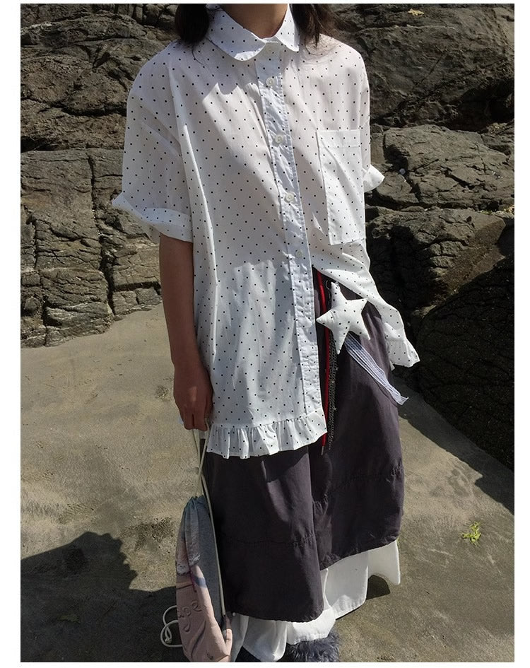 3months | Korean Ruffle Polka Dot Loose Fit Summer Design Shirt [ID:]