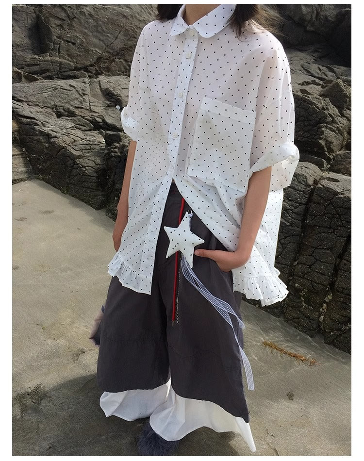 3months | Korean Ruffle Polka Dot Loose Fit Summer Design Shirt [ID:]