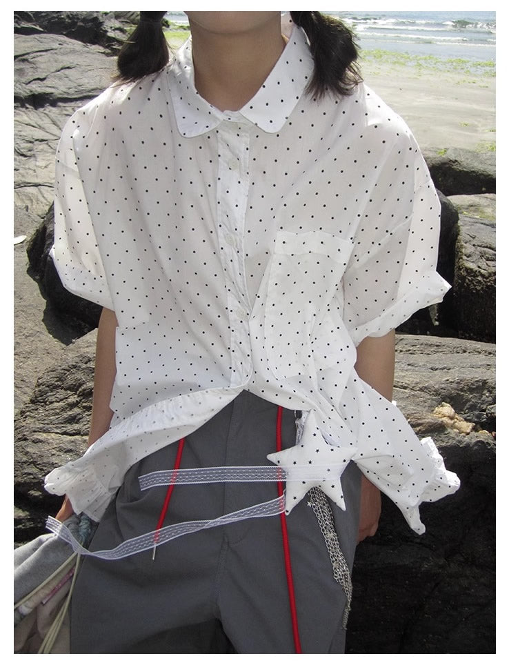 3months | Korean Ruffle Polka Dot Loose Fit Summer Design Shirt [ID:]