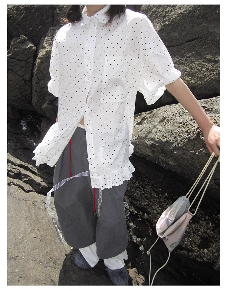 3months | Korean Ruffle Polka Dot Loose Fit Summer Design Shirt [ID:]