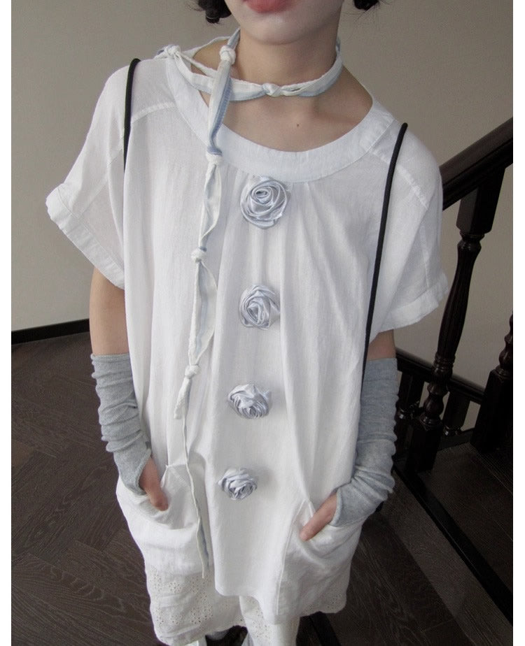 3months | 3D Rose Button Loose White Short Sleeve Summer T-Shirt [ID:]
