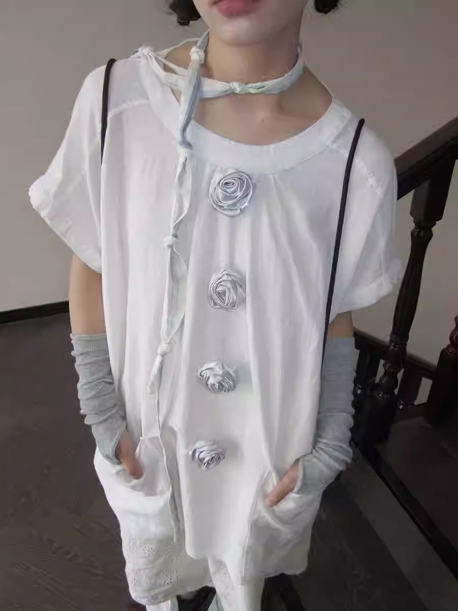 3months | 3D Rose Button Loose White Short Sleeve Summer T-Shirt [ID:]
