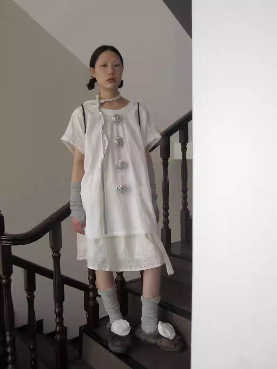 3months | 3D Rose Button Loose White Short Sleeve Summer T-Shirt [ID:]