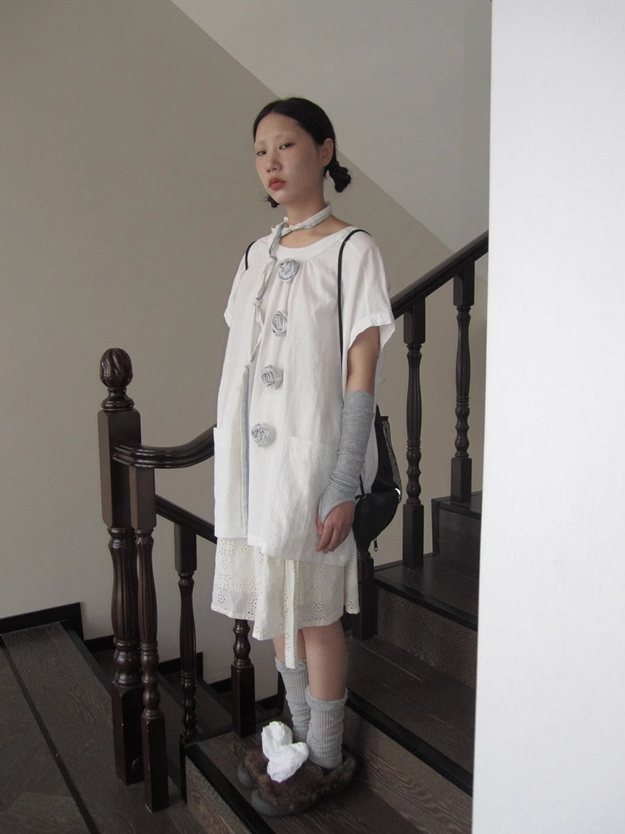 3months | 3D Rose Button Loose White Short Sleeve Summer T-Shirt [ID:]