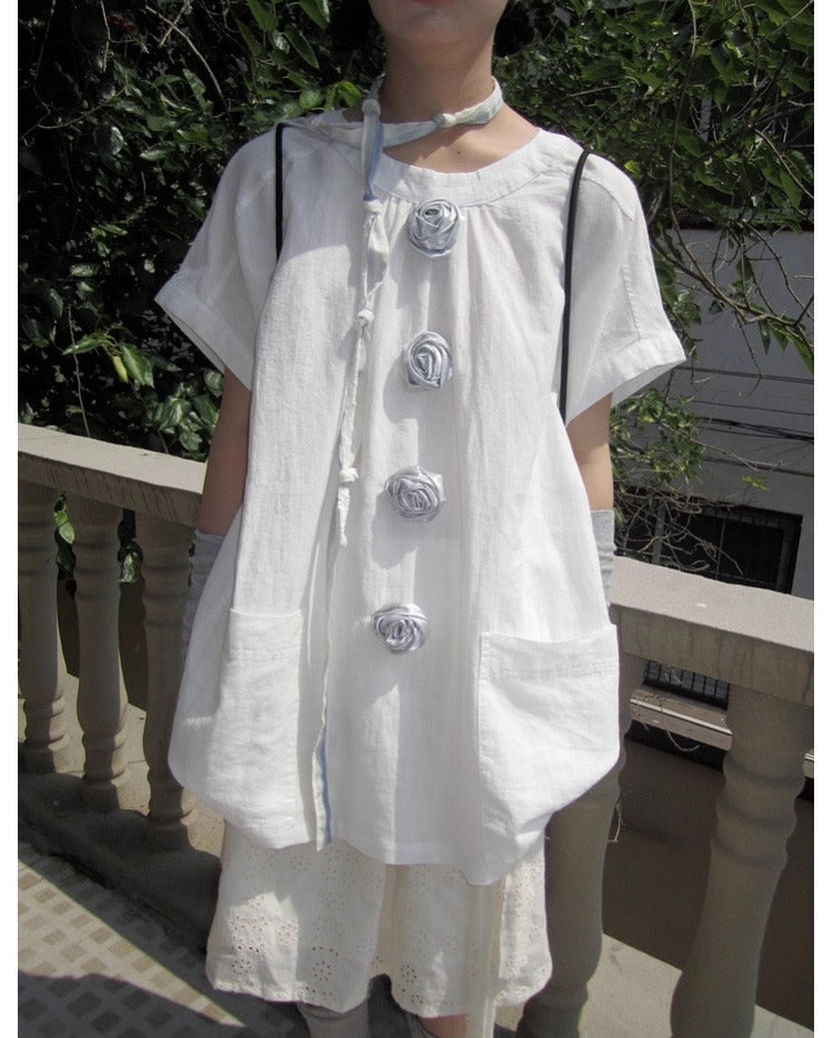 3months | 3D Rose Button Loose White Short Sleeve Summer T-Shirt [ID:]
