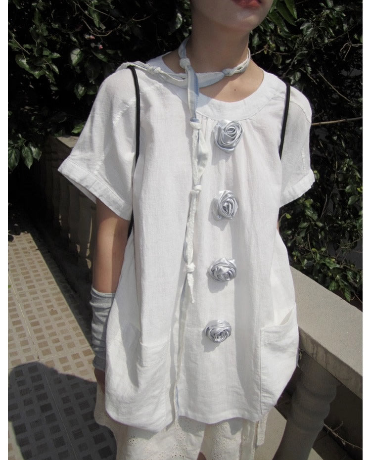 3months | 3D Rose Button Loose White Short Sleeve Summer T-Shirt [ID:]