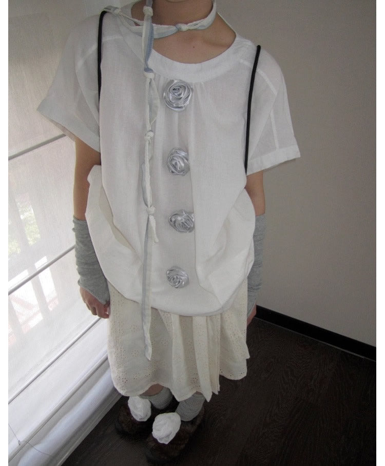 3months | 3D Rose Button Loose White Short Sleeve Summer T-Shirt [ID:]
