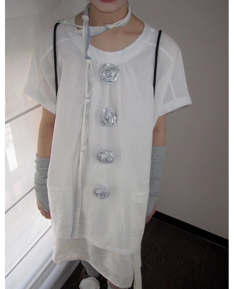 3months | 3D Rose Button Loose White Short Sleeve Summer T-Shirt [ID:]