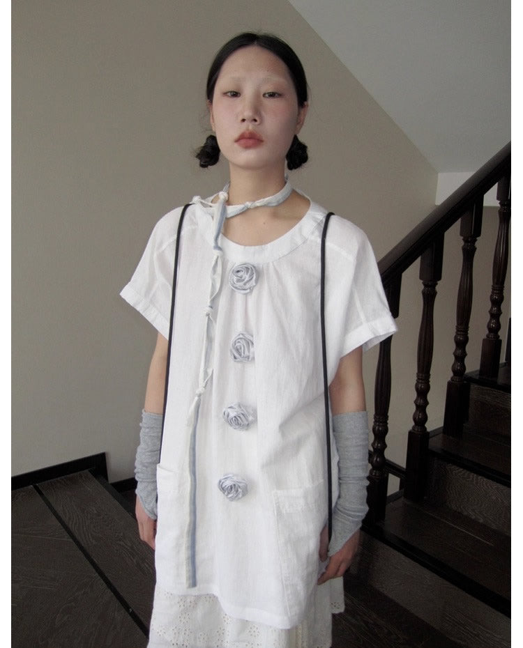 3months | 3D Rose Button Loose White Short Sleeve Summer T-Shirt [ID:]