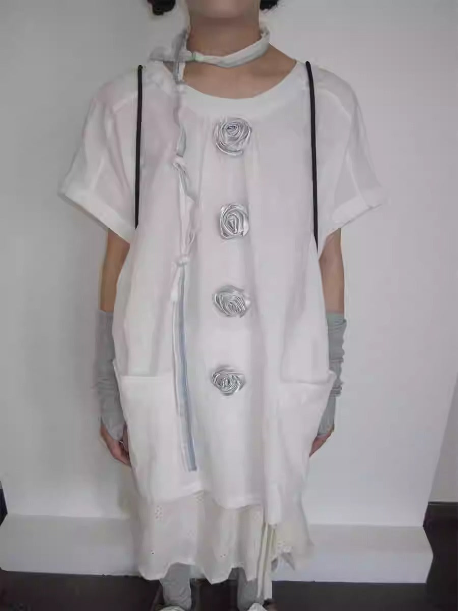 3months | 3D Rose Button Loose White Short Sleeve Summer T-Shirt [ID:]