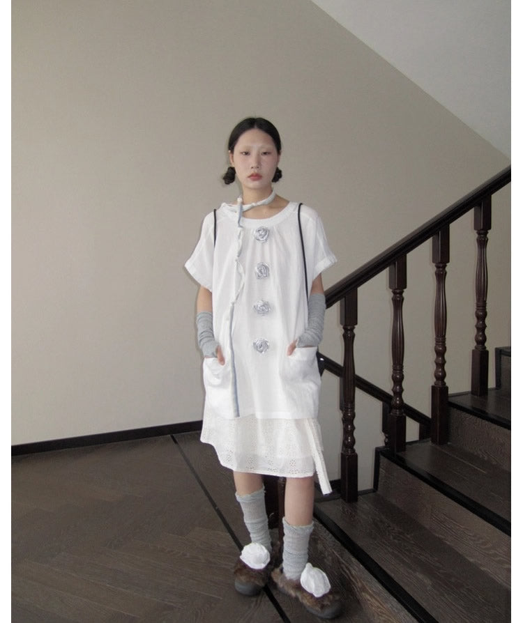 3months | 3D Rose Button Loose White Short Sleeve Summer T-Shirt [ID:]