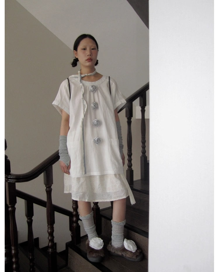 3months | 3D Rose Button Loose White Short Sleeve Summer T-Shirt [ID:]