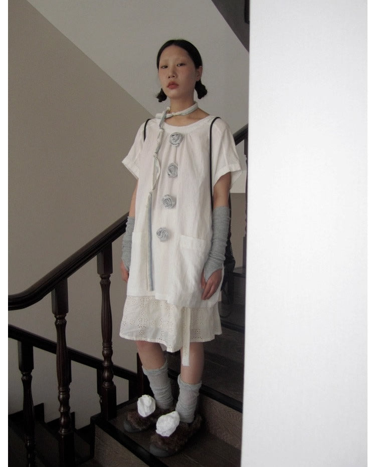 3months | 3D Rose Button Loose White Short Sleeve Summer T-Shirt [ID:]