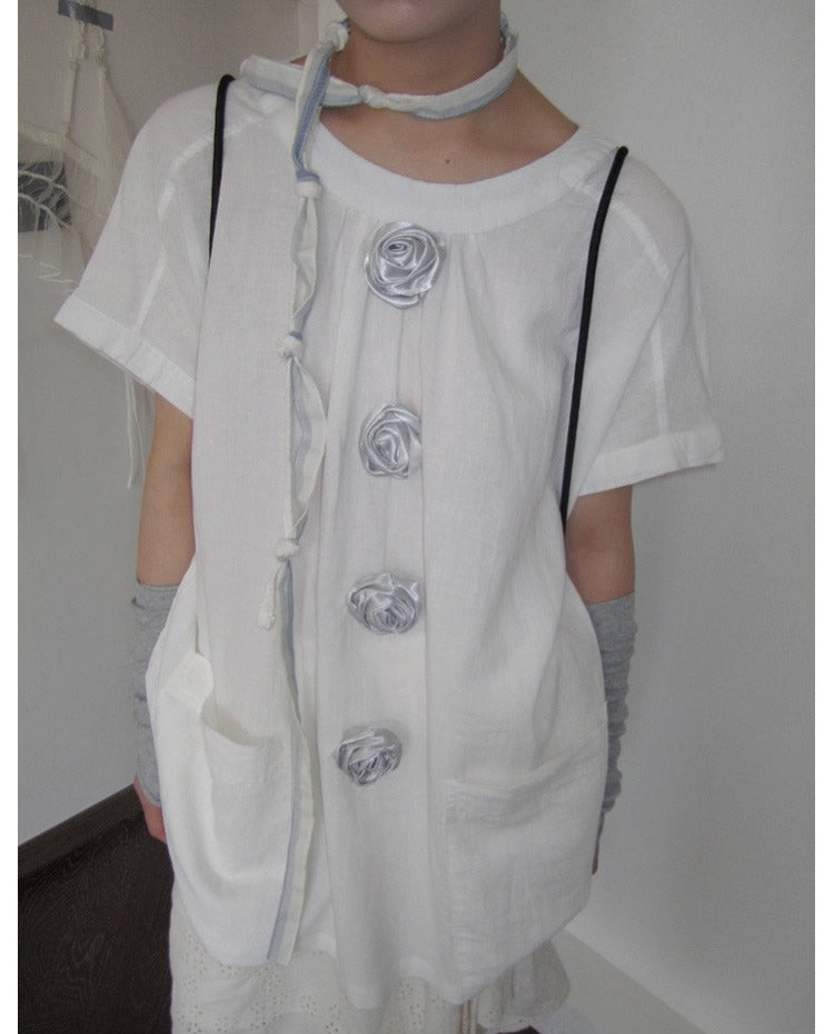 3months | 3D Rose Button Loose White Short Sleeve Summer T-Shirt [ID:]