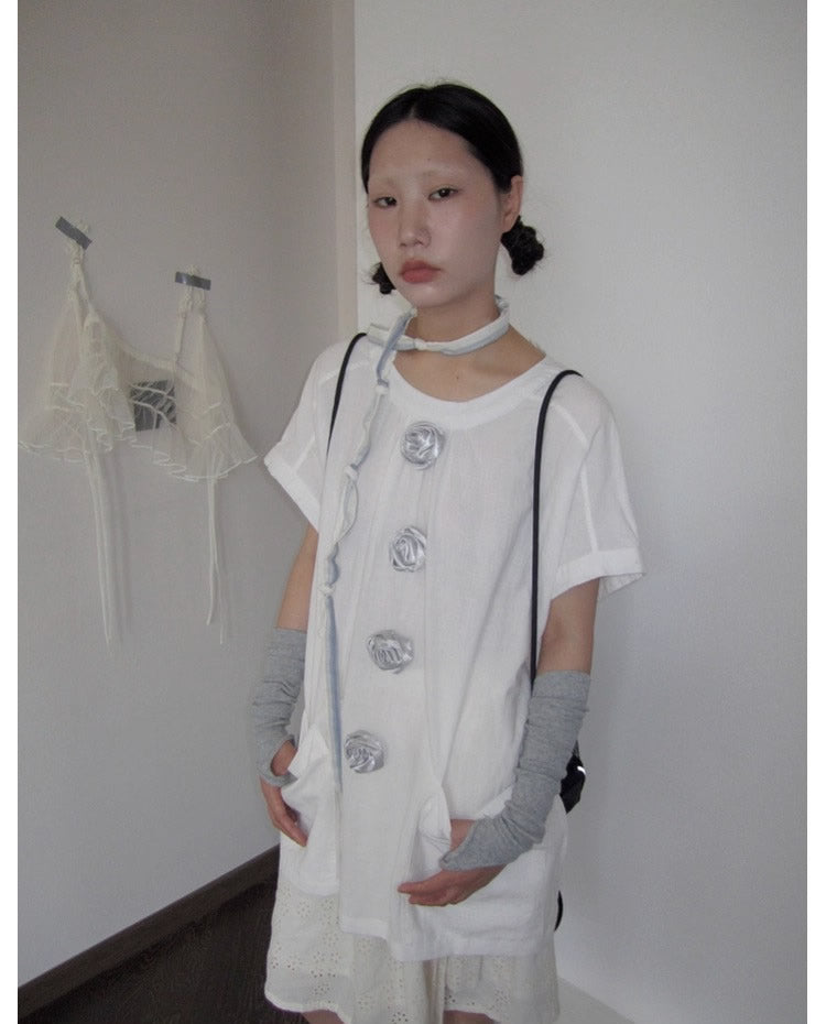 3months | 3D Rose Button Loose White Short Sleeve Summer T-Shirt [ID:]