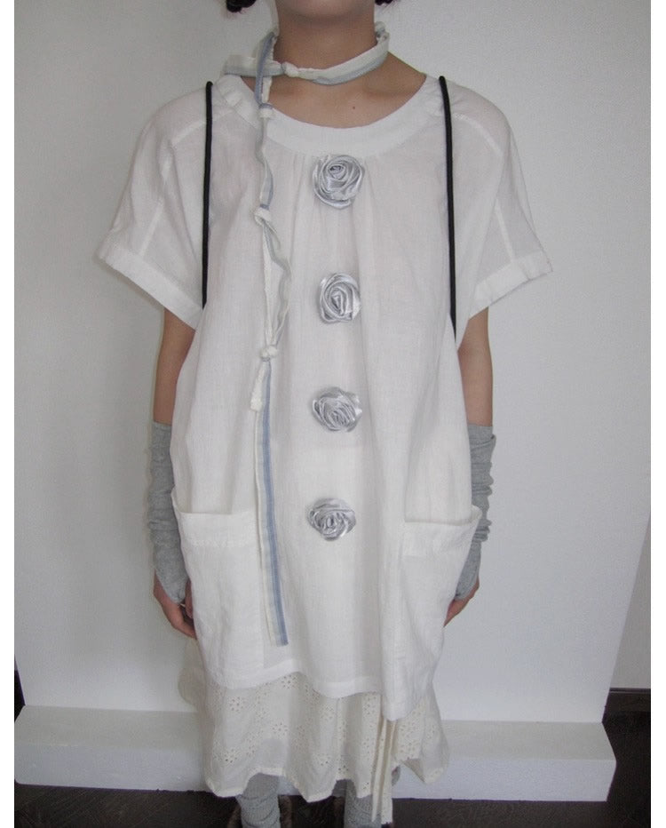 3months | 3D Rose Button Loose White Short Sleeve Summer T-Shirt [ID:]