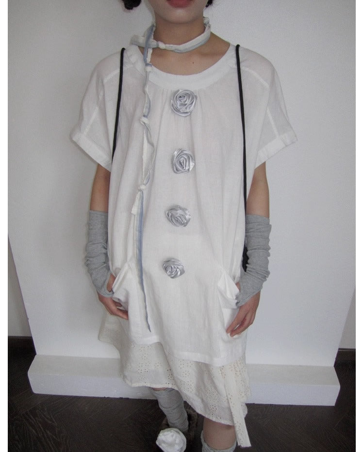 3months | 3D Rose Button Loose White Short Sleeve Summer T-Shirt [ID:]