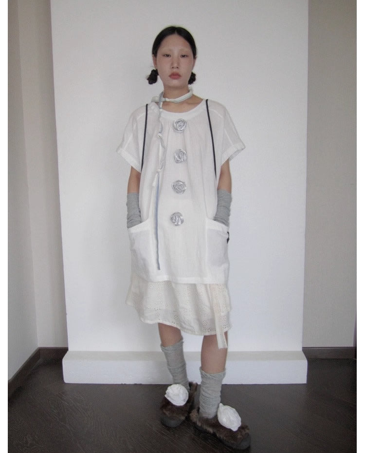 3months | 3D Rose Button Loose White Short Sleeve Summer T-Shirt [ID:]