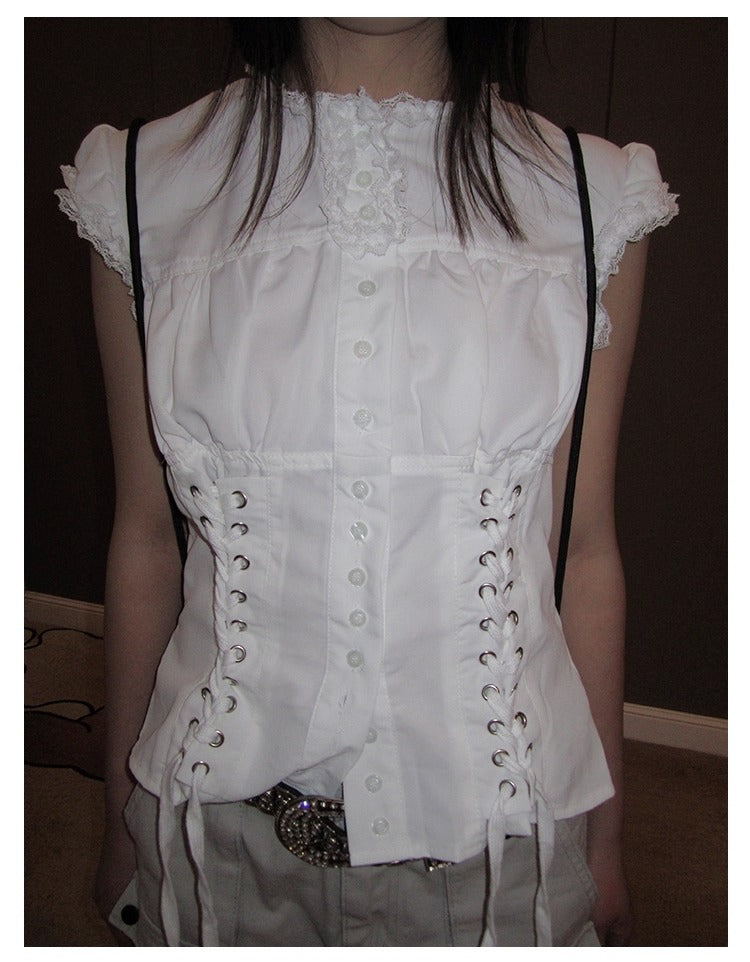 3months | Slim Fit Sleeveless White Cropped Spring Summer Shirt [ID:]