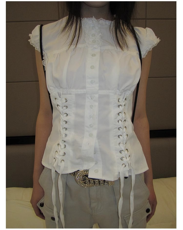 3months | Slim Fit Sleeveless White Cropped Spring Summer Shirt [ID:]
