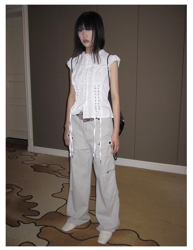 3months | Slim Fit Sleeveless White Cropped Spring Summer Shirt [ID:]