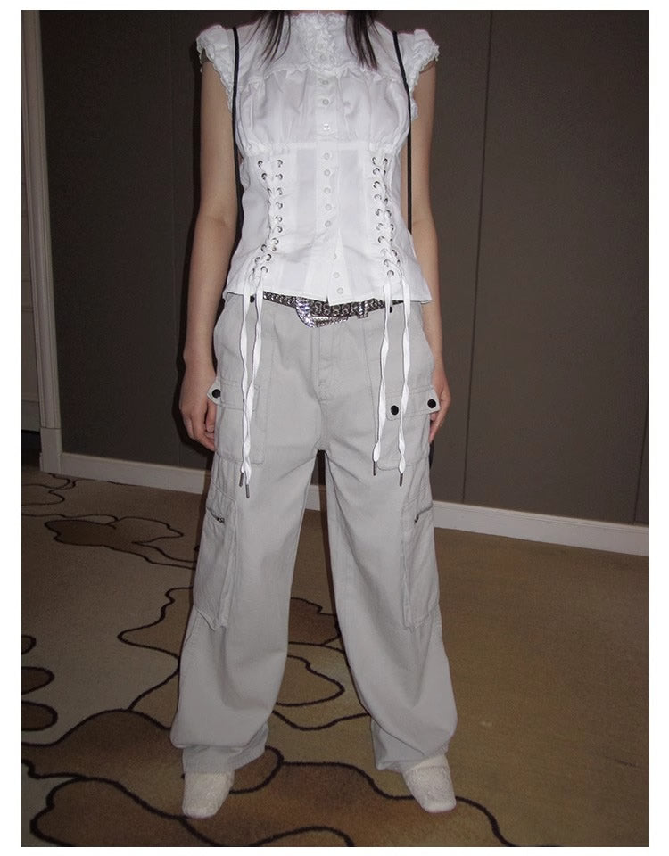 3months | Slim Fit Sleeveless White Cropped Spring Summer Shirt [ID:]