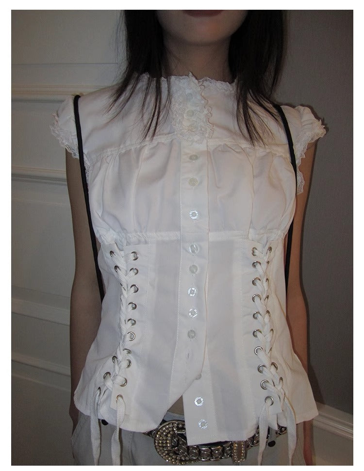 3months | Slim Fit Sleeveless White Cropped Spring Summer Shirt [ID:]