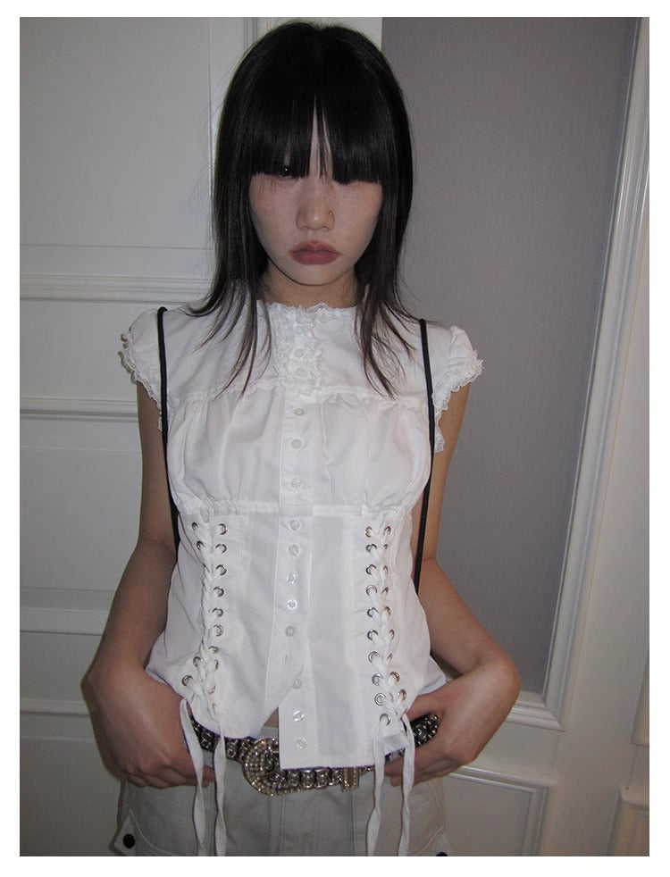 3months | Slim Fit Sleeveless White Cropped Spring Summer Shirt [ID:]