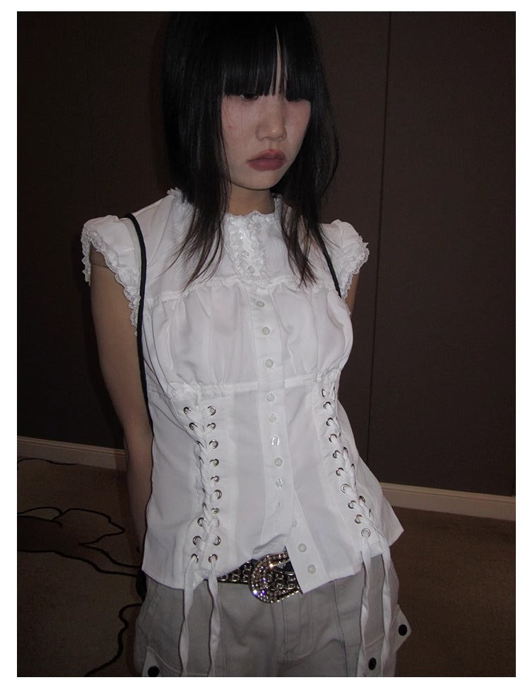 3months | Slim Fit Sleeveless White Cropped Spring Summer Shirt [ID:]