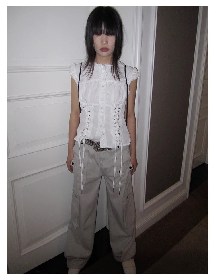 3months | Slim Fit Sleeveless White Cropped Spring Summer Shirt [ID:]